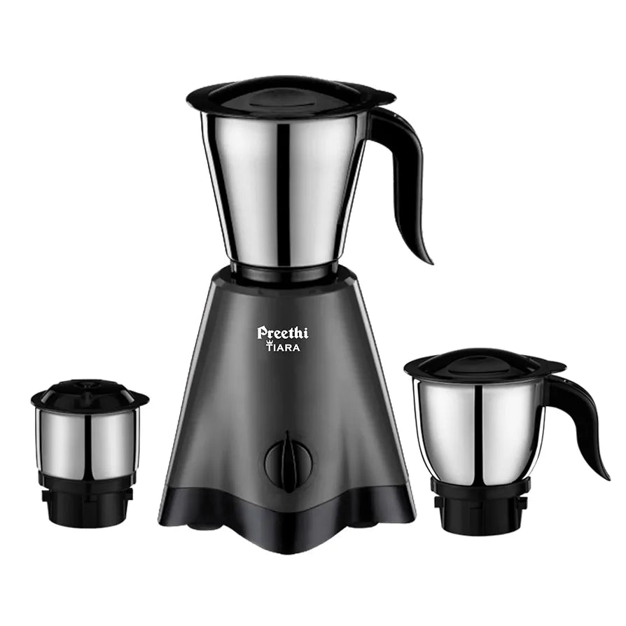 Preethi Tiara Mixer Grinder for Kitchen | 500 Watt Mixie | 3 Stainless Steel Jars  | Grey & Black