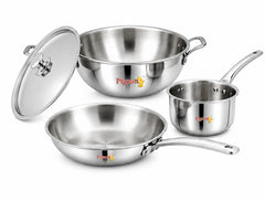 Pigeon Trinity Triply Stainless Steel 4 Pc Cookware Set - Triply Kadai 2100ml with Common Lid | Fry Pan 1200ml | Saucepa