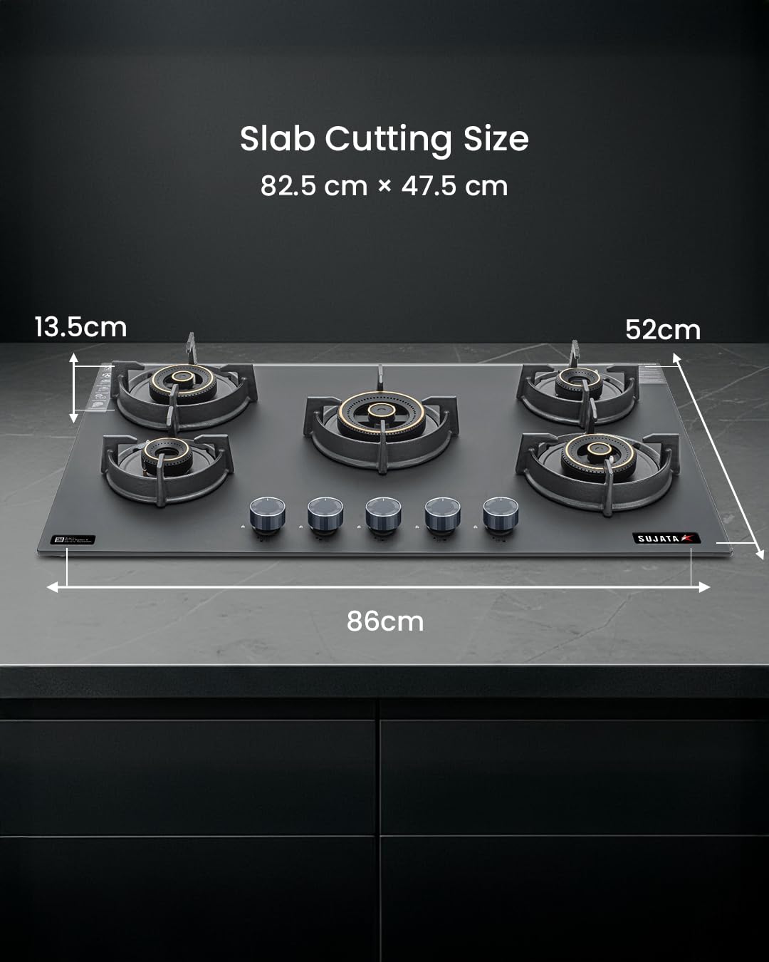 Sujata 5 Burner Gas Stove Glass Top | 5 Years Warranty | Gas Chulha, Auto Ignition Gas Stove, CookTop cum Hob Top, LPG & PNG Compatible, Brass Burner (Palladium FFD Auto Ignition Black)