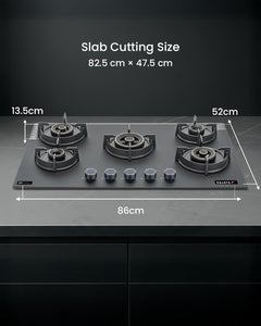 Sujata 5 Burner Gas Stove Glass Top | 5 Years Warranty | Gas Chulha, Auto Ignition Gas Stove, CookTop cum Hob Top, LPG & PNG Compatible, Brass Burner (Palladium FFD Auto Ignition Black)
