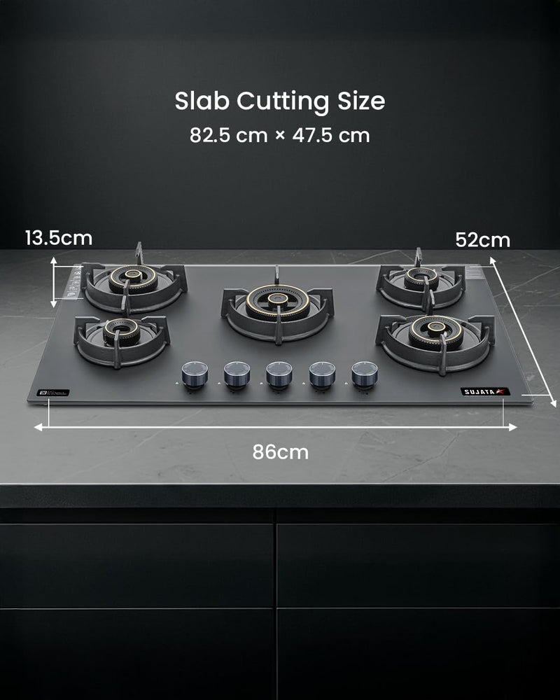 Sujata 5 Burner Gas Stove Glass Top | 5 Years Warranty | Gas Chulha, Auto Ignition Gas Stove, CookTop cum Hob Top, LPG & PNG Compatible, Brass Burner (Palladium FFD Auto Ignition Black)