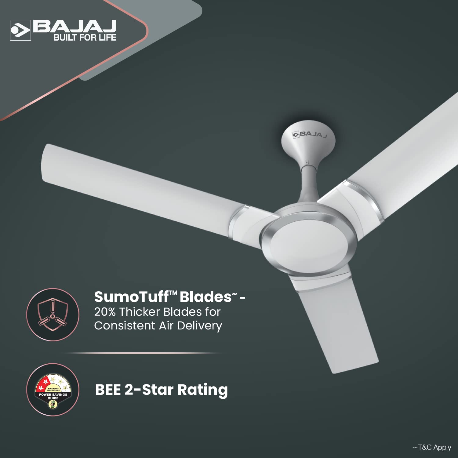 Bajaj Stylo 12S2 1200MM Ceiling Fans for Home | BEE-2 Star Rated Energy Efficient | SUPER 5TUFF TECHNOLOGY™ | SumoTuff Blades | High Air Delivery & High Speed | 5-Yrs Warranty 【Sparkle White】