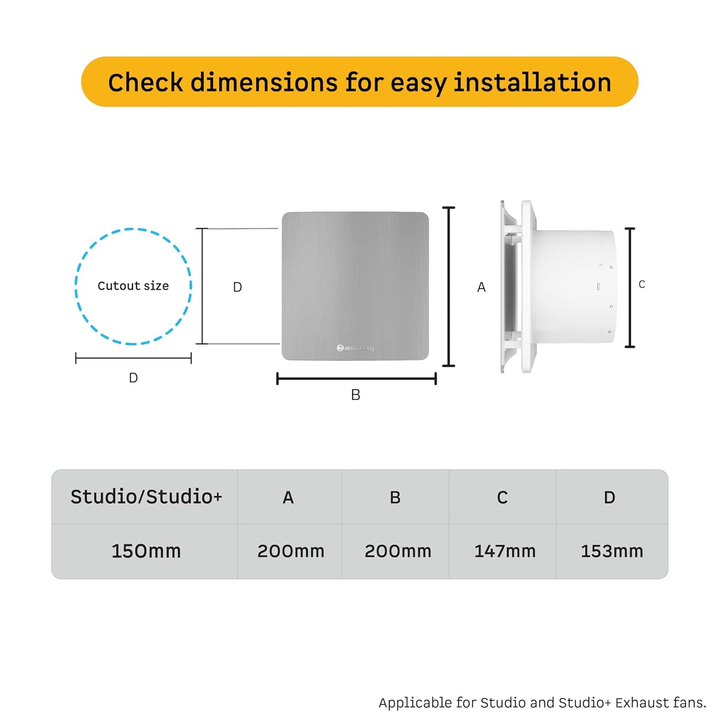 atomberg Studio Exhaust Fan 150mm (6 Inches) | BLDC Motor | 6.8W| Low Noise | 2000 RPM| Ideal for Bathroom,Kitchen | Easy to Clean | Installation-Round Cut (153mm) | 2 Years Warranty (Brushed Steel)