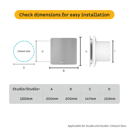 atomberg Studio Exhaust Fan 150mm (6 Inches) | BLDC Motor | 6.8W| Low Noise | 2000 RPM| Ideal for Bathroom,Kitchen | Easy to Clean | Installation-Round Cut (153mm) | 2 Years Warranty (Brushed Steel)