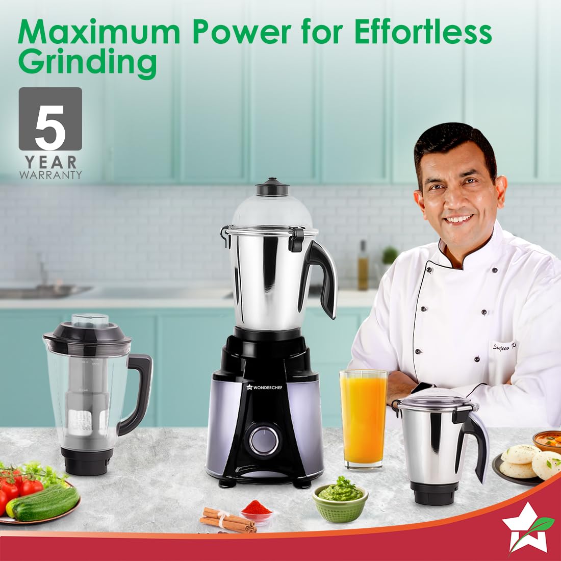 Wonderchef Galaxy Mixer Grinder 1000 W 100% Copper Motor, 4 Stainless Steel Jars, Black & Grey, 5 Years Warranty