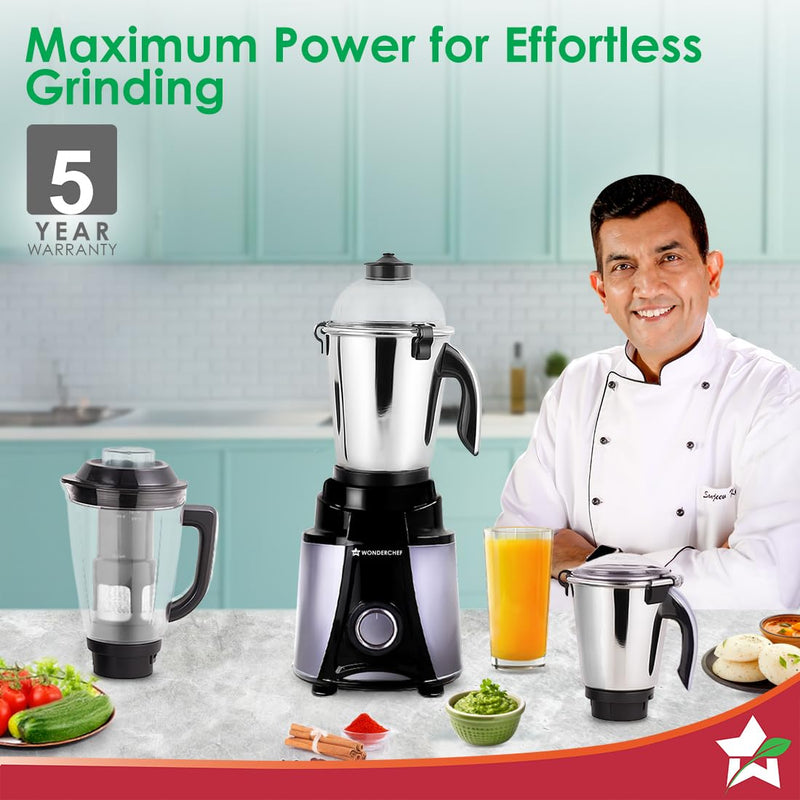 Wonderchef Galaxy Mixer Grinder 1000 W 100% Copper Motor, 4 Stainless Steel Jars, Black & Grey, 5 Years Warranty