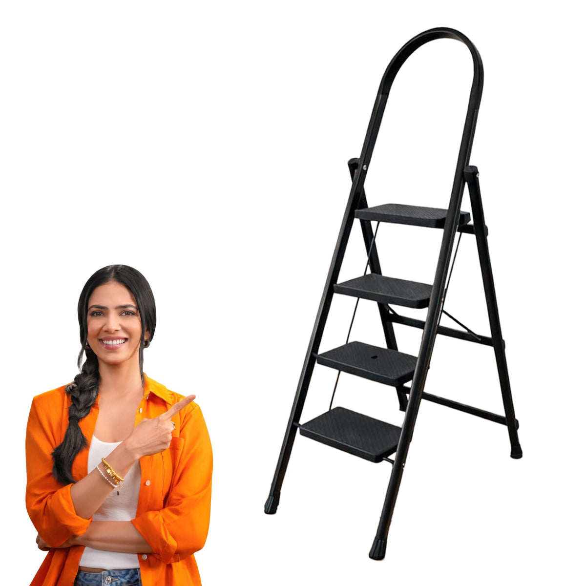 PROHOME Steel Ladder for Home 3 Steps Foldable with Anti-Skid Wide Steps (30cm x 20cm) | 3 Step Ladder for Home Use with D-Shape Rods | Secure Lock | 170 Kg Capacity Folding Ladder | 5 Year Warranty