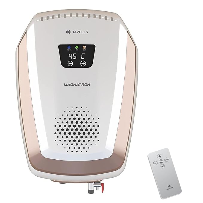 Havells Magnatron 15 Litre Storage Water Heater(Geyser)| No Heating Element| For Hard Water| Minimal Scaling| Energy Saving| Remote Controlled| Free Installation & Flexi Pipe (White Champagne Gold)