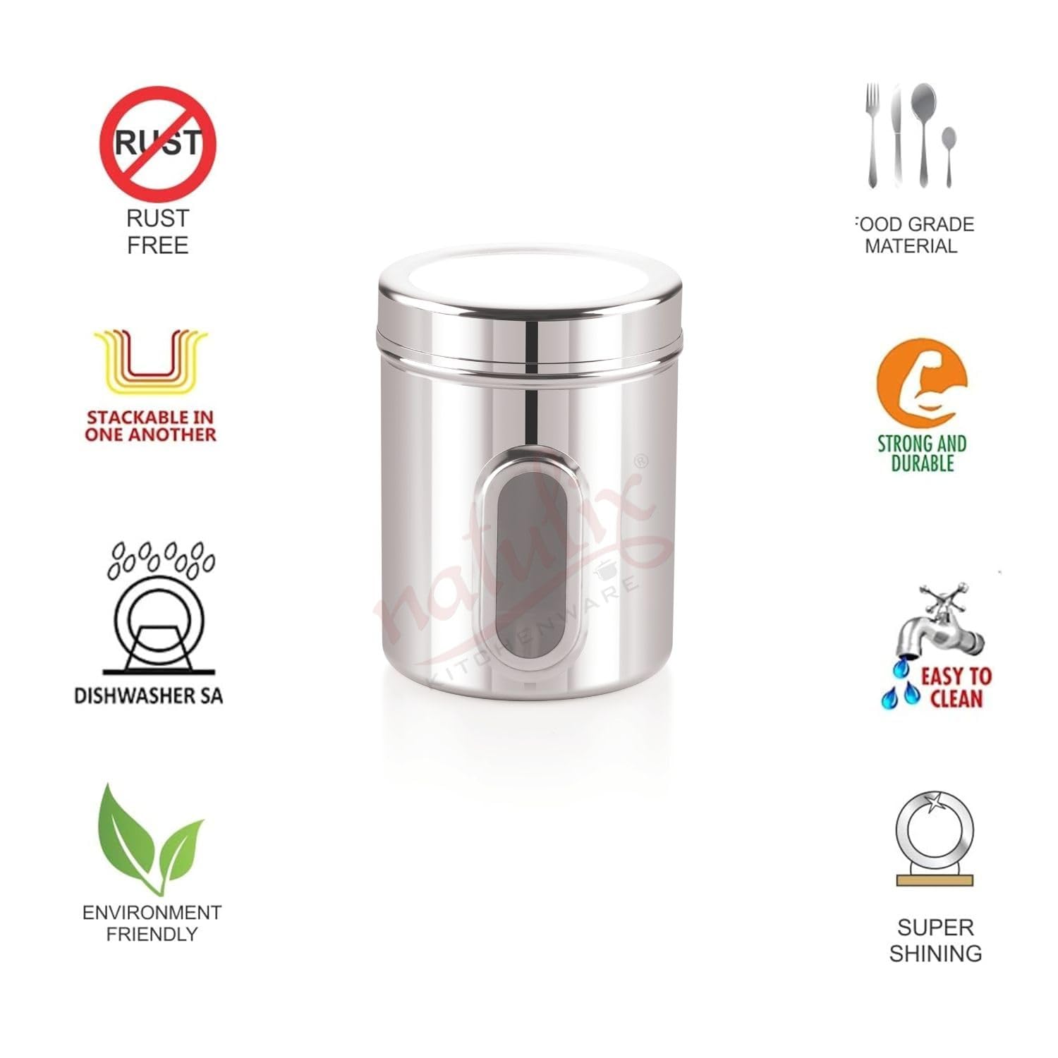 NATULIX 1 Kg Stainless Steel Containers for kitchen with See Through Window | Kitchen Containers Set | Silver | Mirror Finish (1250ml - 6pcs) Food Grains Capacity - 1kg Approx