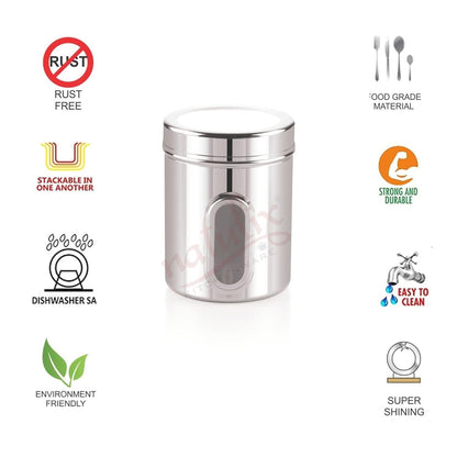 NATULIX 1 Kg Stainless Steel Containers for kitchen with See Through Window | Kitchen Containers Set | Silver | Mirror Finish (1250ml - 6pcs) Food Grains Capacity - 1kg Approx