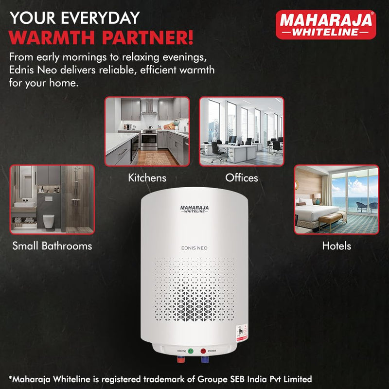 Maharaja Whiteline Energy Efficient Water Heater EDNIS NEO 15L | 4-Star Rated with Polymer-Coated Inner Tank, Smart Inlet Diffuser & Durable Metal Body | Long-Lasting Design with 5-Year Tank Warranty