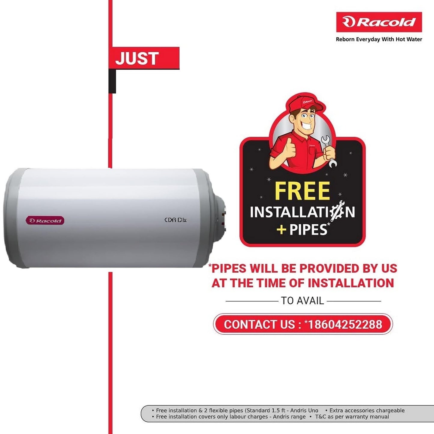 Racold CDR Dlx 15ltr Horizontal BEE 4 Star Storage Water Heater(Geyser) with Free Standard Installation & pipes || Rust Proof Body||Fits under false ceilings||Suitable- High-rise Buildings||