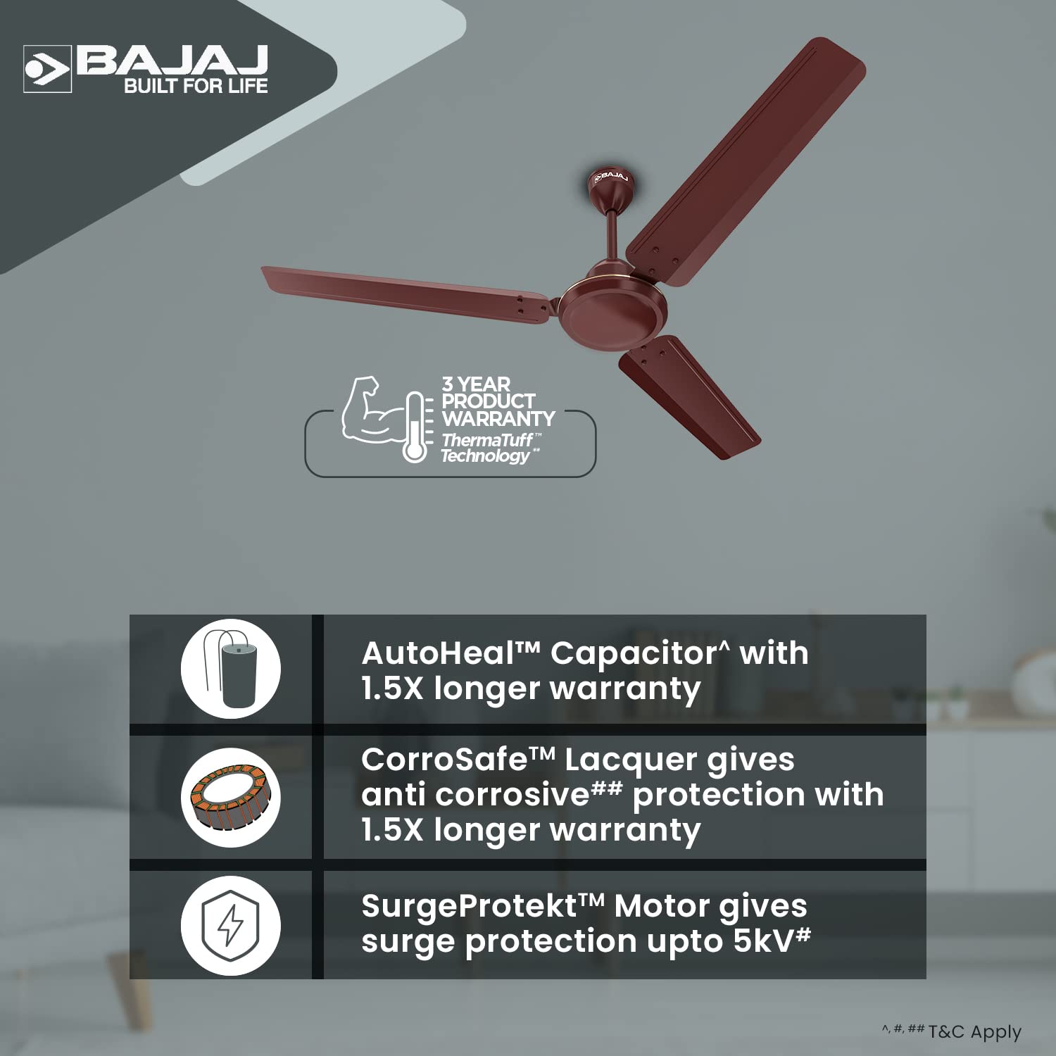Bajaj Durato 12S1 1200MM (48") Ceiling Fans For Home | Bee Star Rated Energy Efficient Ceiling Fan | ThermaTuff Technology | High Air Delivery & High Speed 400 RPM | 3-Yrs Warranty 【Brown】