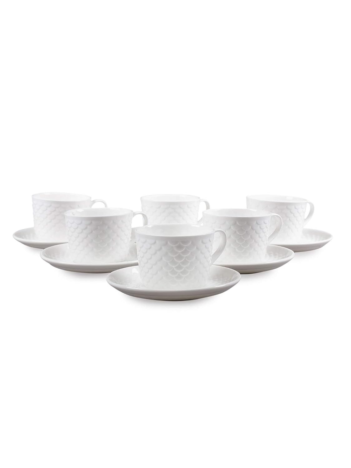 Clay Craft Basics Ripple Style White Plain Cup & Saucer Set of 12 Pcs- 8 Ounce Specialty Tea Drinks,Coffee,Latte