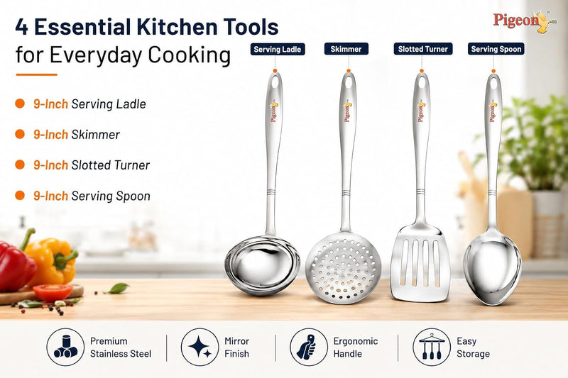 Pigeon-4Pcs Stainless Steel Kitchen Tools Set for Kitchen Cooking and Serving Set of 4|Oval Spoon(Karchhi)|Skimmer(Jhara