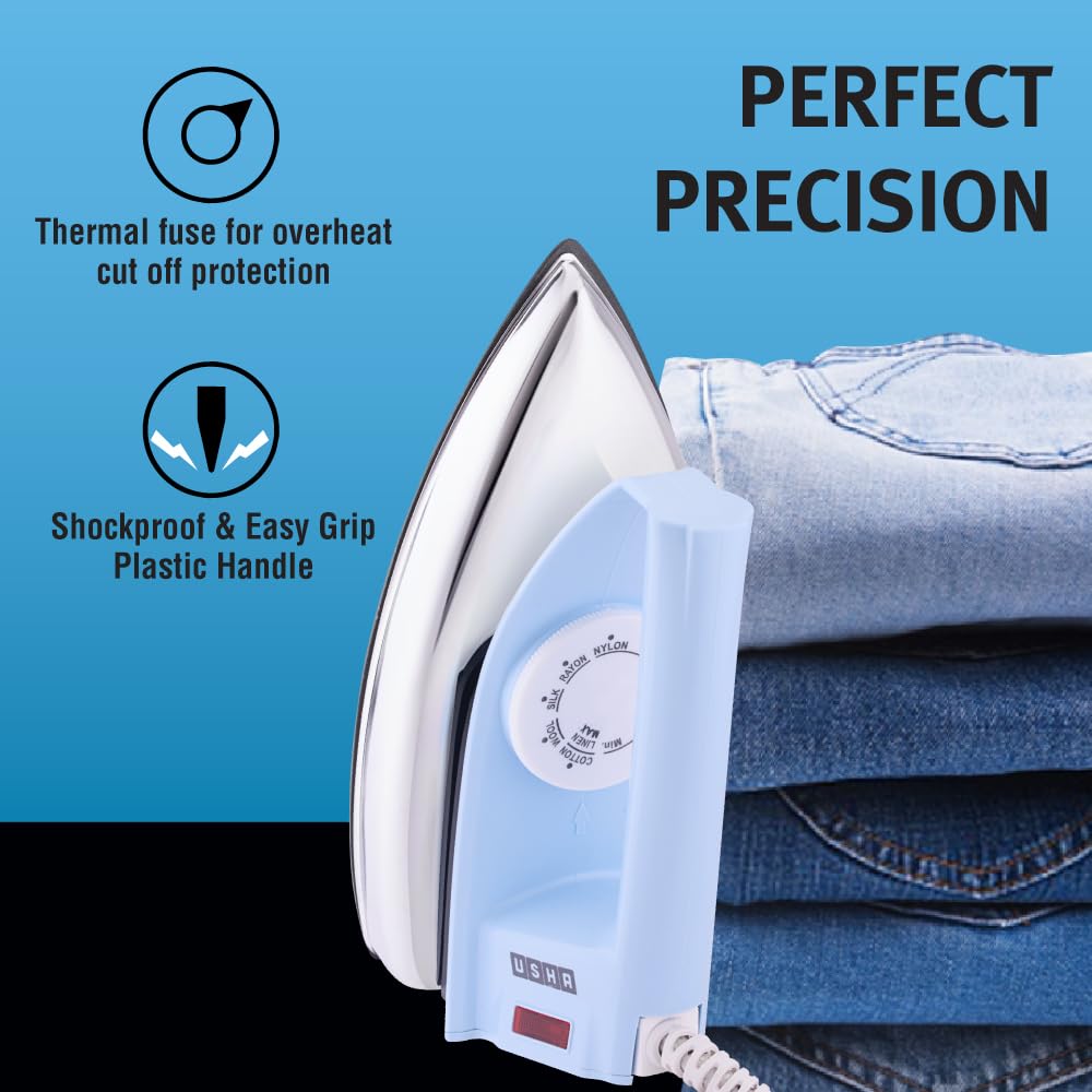 USHA EI 4175-M 750W ULTRA LIGHT WEIGHT ELECTRIC IRON WITH NON STICK PTFE COATED (BLACK WEILBURGER) SOLE PLATE, LIGHT BLUE
