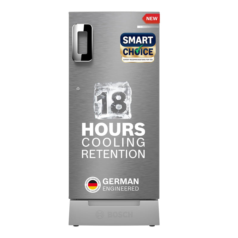 Bosch SmartChoice 207 L, 3 Star, Single Door Refrigerator with Industry's largest base drawer & veg box*(CST20S23PI,Fine Steel) |18 Hr Cooling Retention, 2.5x Faster Cooling, smart inverter compressor