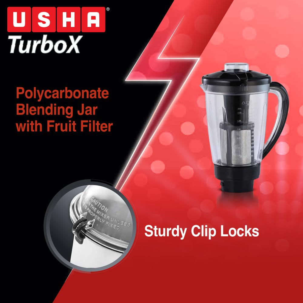 USHA 1200W TurboX Mixer Grinder | Faster and finer grinding | 100% Copper motor for long life, durability | 4 Stainless Steel Jars With Fruit Filter | 24000 rpm | 90 minutes continuous run time