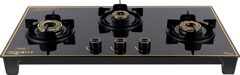 Pigeon Infinity Gold Gas Cooktop Glass Top and Stainless Steel Black Body 3 Burner Gas Stove | ISI Certified | Manual Ig