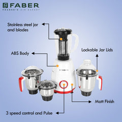 Faber Crown 800W Blender Mixer Grinder, 3 SS clip lock jars + 1 PC jar || low-noise copper motor, up to 20000 rpm speed 