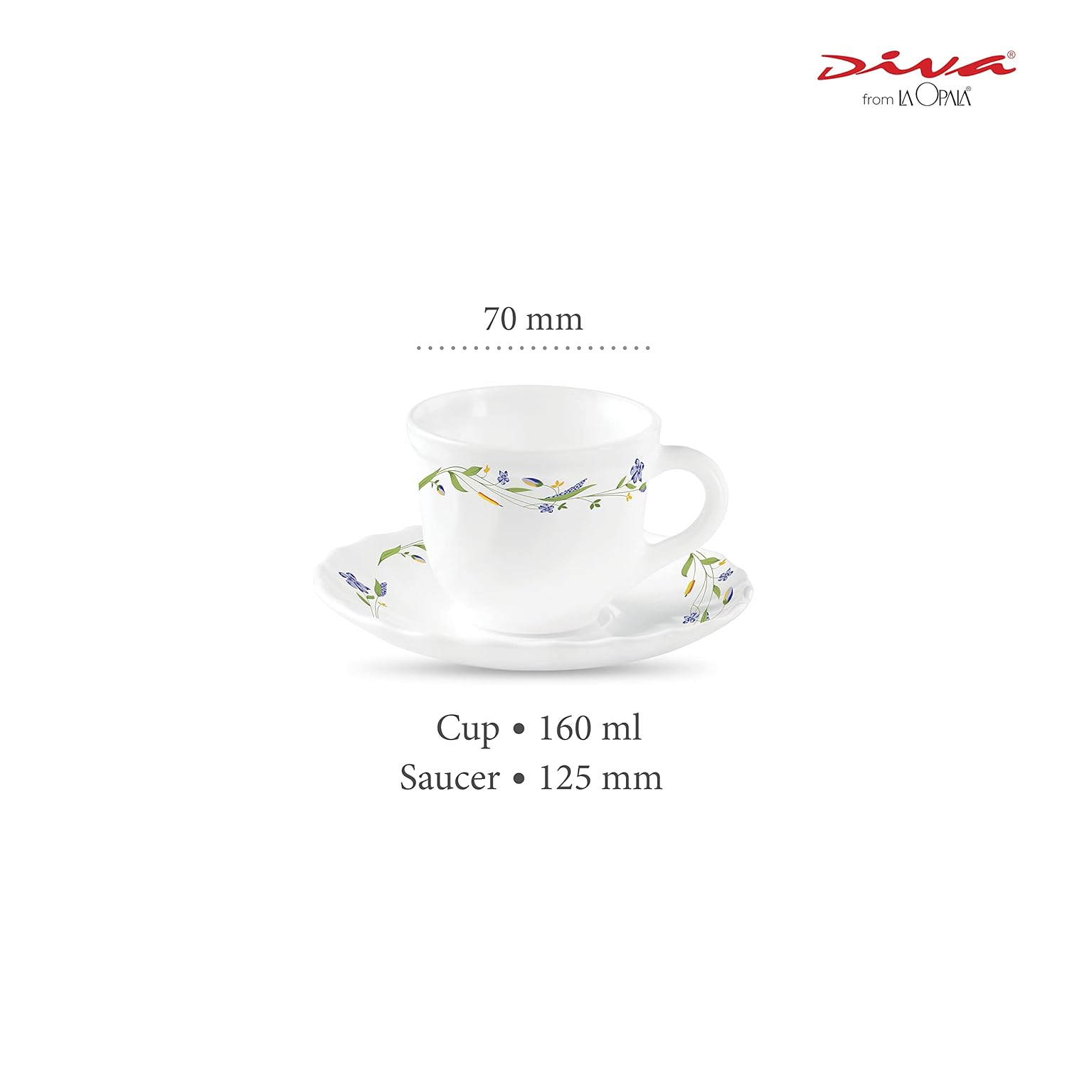 La Opala Diva, Opal Glass Crockery | Cup & Saucer Tulip Regular, Set of 12 | Morning Glory, 160 ml | for Tea & Coffee | Microwave Safe | 100% Vegetarian | Extra Strong | Super Light | Super White