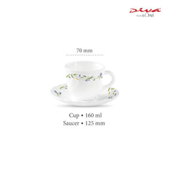 La Opala Diva, Opal Glass Crockery | Cup & Saucer Tulip Regular, Set of 12 | Morning Glory, 160 ml | for Tea & Coffee | Microwave Safe | 100% Vegetarian | Extra Strong | Super Light | Super White
