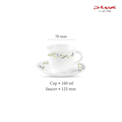 La Opala Diva, Opal Glass Crockery | Cup & Saucer Tulip Regular, Set of 12 | Morning Glory, 160 ml | for Tea & Coffee | Microwave Safe | 100% Vegetarian | Extra Strong | Super Light | Super White