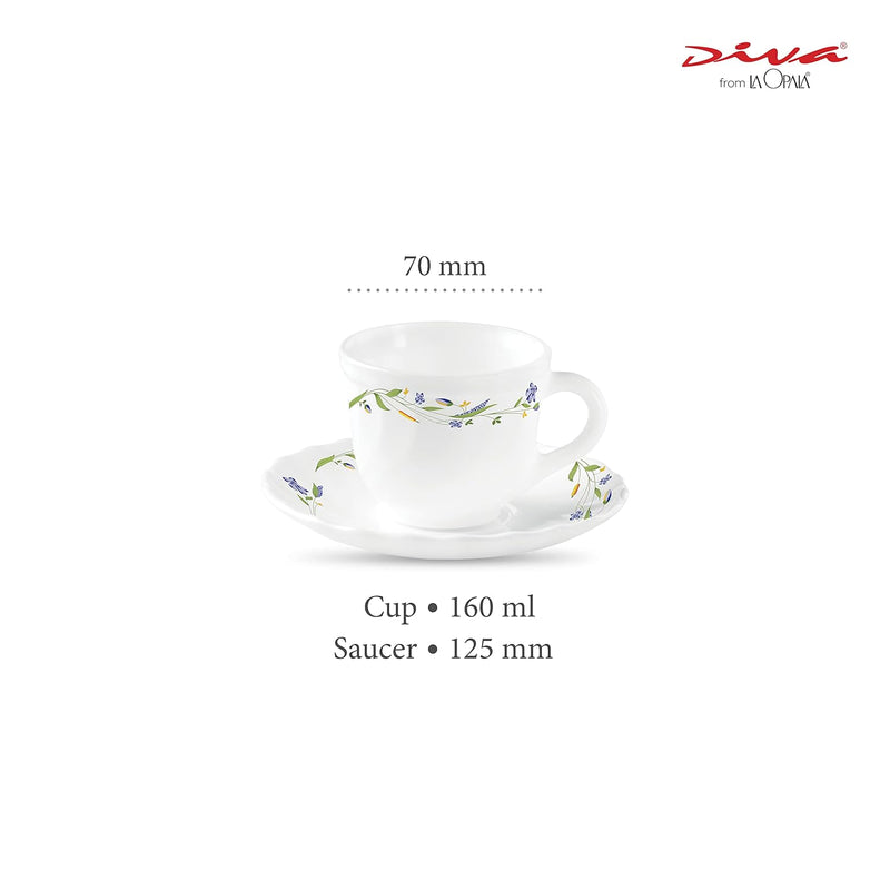 La Opala Diva, Opal Glass Crockery | Cup & Saucer Tulip Regular, Set of 12 | Morning Glory, 160 ml | for Tea & Coffee | Microwave Safe | 100% Vegetarian | Extra Strong | Super Light | Super White