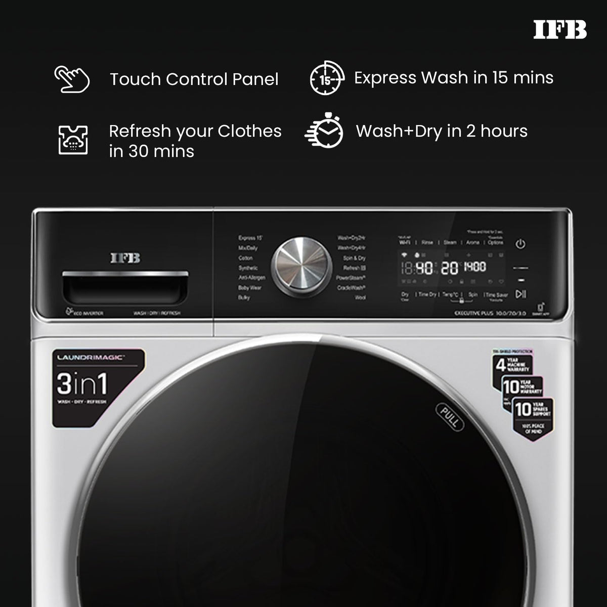 IFB 10 Kg/7 Kg/3 Kg 3-in-1, AI Powered, Fully Automatic Washer Dryer Refresher (IFB Laundrimagic®, EXECUTIVE PLUS ZXS, 9