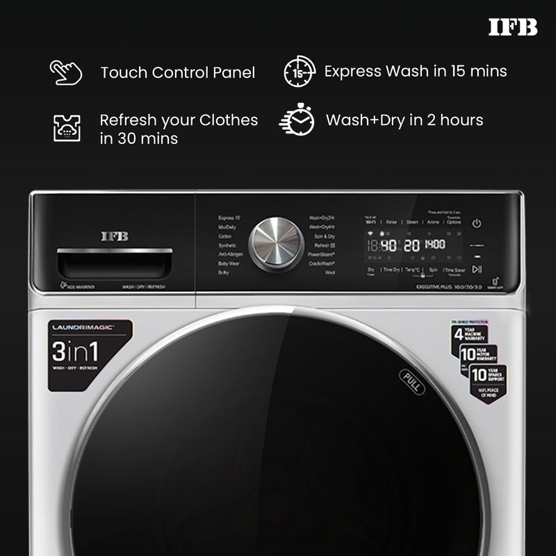 IFB 10 Kg/7 Kg/3 Kg 3-in-1, AI Powered, Fully Automatic Washer Dryer Refresher (IFB Laundrimagic®, EXECUTIVE PLUS ZXS, 9