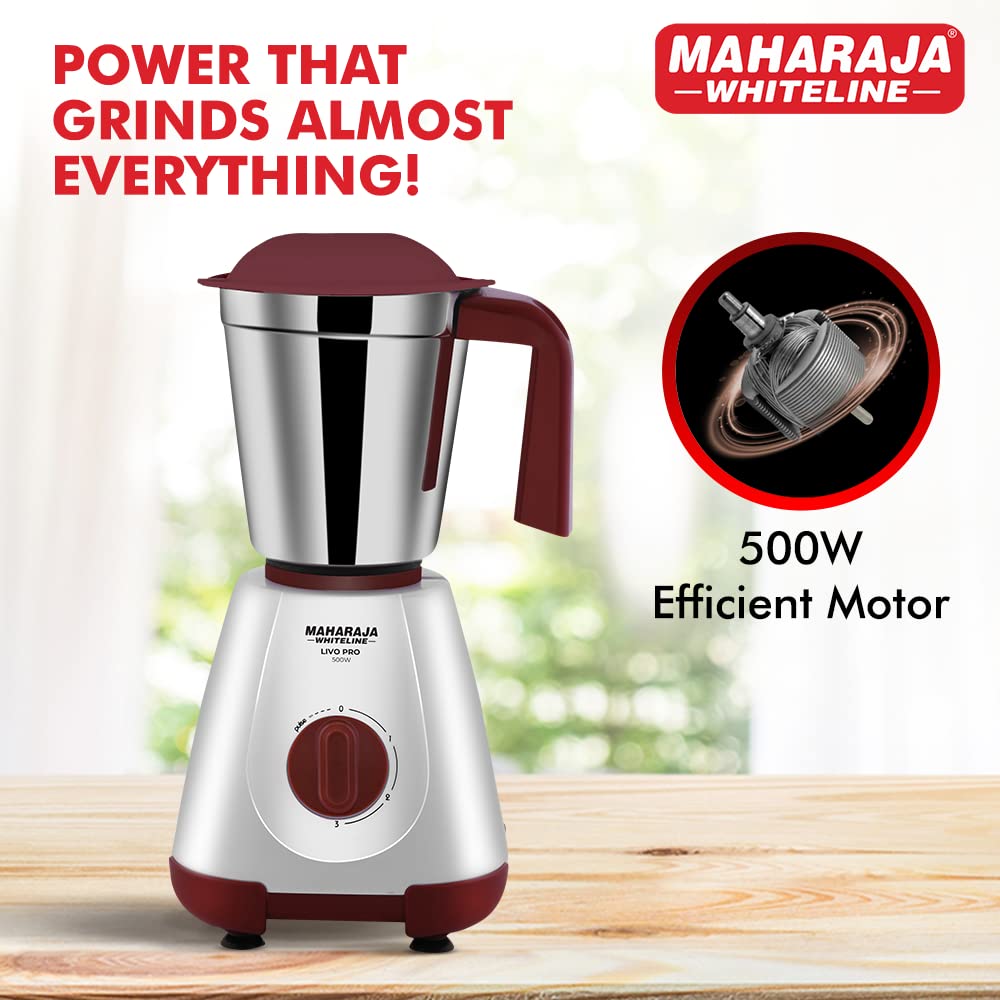 Maharaja Whiteline 500W Livo Pro Mixer Grinder with 3 Stainless Steel Jars with lid and 20,000 RPM Motor Speed (White & Cherry Red)