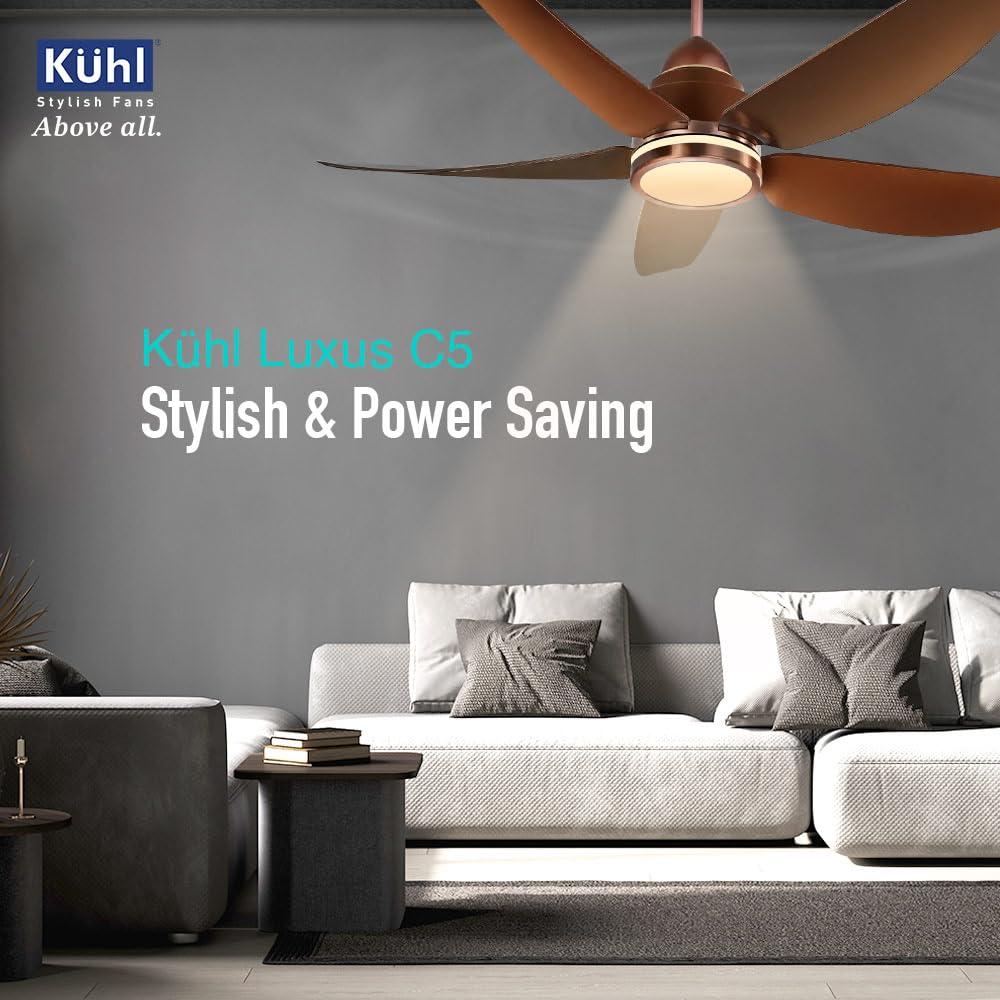 KUHL Luxus C5 1320mm Stylish 65% Power Saving BLDC Ceiling Fan with Remote|Night & Down Light|29W|BEE 5 Rated & ISI Marked|Low Noise|IoT –Operate via Mobile & Alexa|Reverse Mode|FreeInstallation|Brown