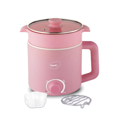 Pigeon By Stovekraft Swift Plus Multi-Cook Kettle 1.5L, With Steamer, Egg Rack - Pink | Black | Double Layered | Food Grade Stainless Steel Inner Wall | Glass Lid | Auto Shut-Off, 600 Watts