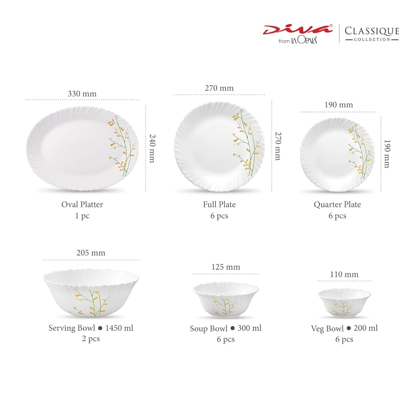 La Opala Diva Classique Collection Opal Glass Crockery | for Family of 6 | Dinner Set 27 pcs Citron Weave | Plates & Bowls for Dining | Microwave Safe | 100% Vegetarian | Extra Strong | White