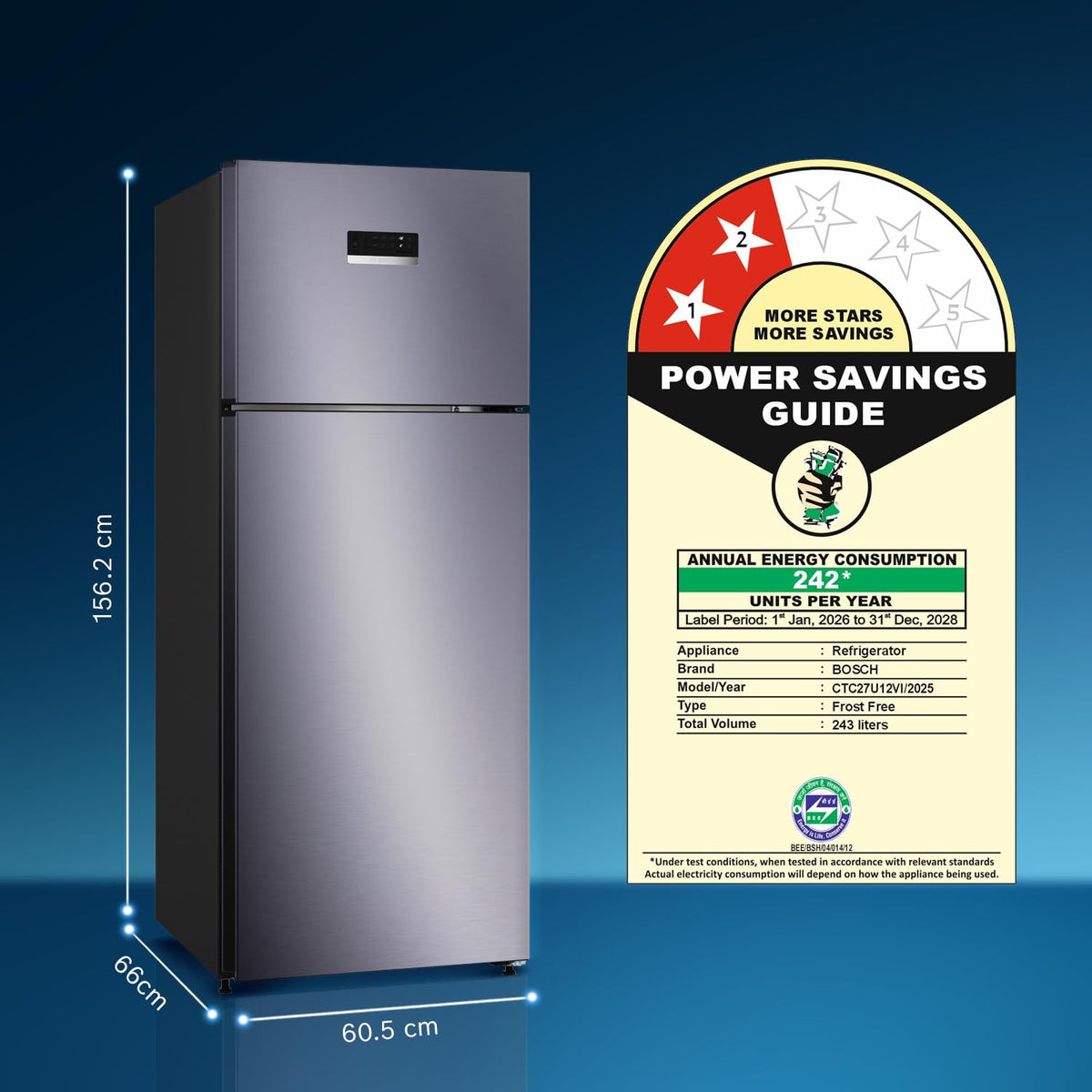 Bosch 243L, 2 Star, Frost Free Double Door Refrigerator (CTC27U12VI)-3