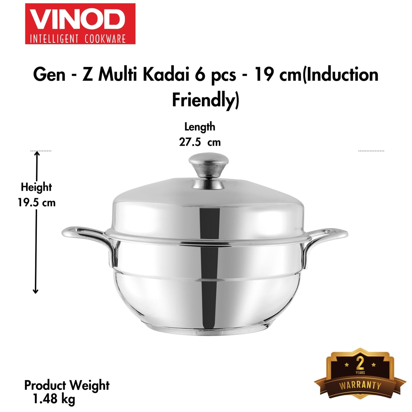 Vinod Gen-Z 1 liter Stainless Steel Multi Kadai with 6 Plates - 19 cm| 2 Idli, 2 Dhokla and 1 Patra Plate | All In One Multi Purpose Kadhai | Induction and Gas Base | Small - 2 Year Warranty