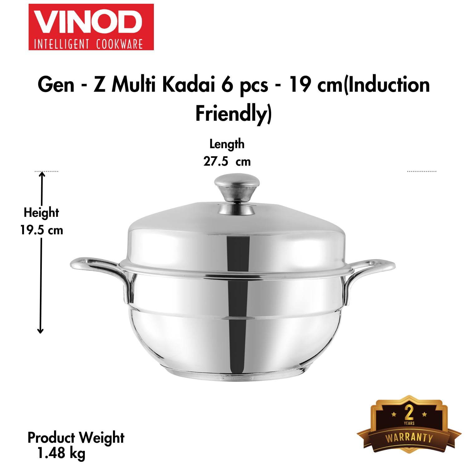 Vinod Gen-Z 1 liter Stainless Steel Multi Kadai with 6 Plates - 19 cm| 2 Idli, 2 Dhokla and 1 Patra Plate | All In One Multi Purpose Kadhai | Induction and Gas Base | Small - 2 Year Warranty