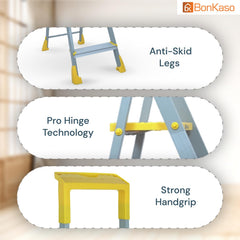 BonKaso Climb Lite Pro+ 6 Step - Foldable Ladder with Tool Tray (125W x 185H Cm)| Heavy-Duty, Anti-Slip & Firm Grip, Load Capacity Upto 120kg | Durable & Portable (Aluminium Steps, Yellow & Satin)