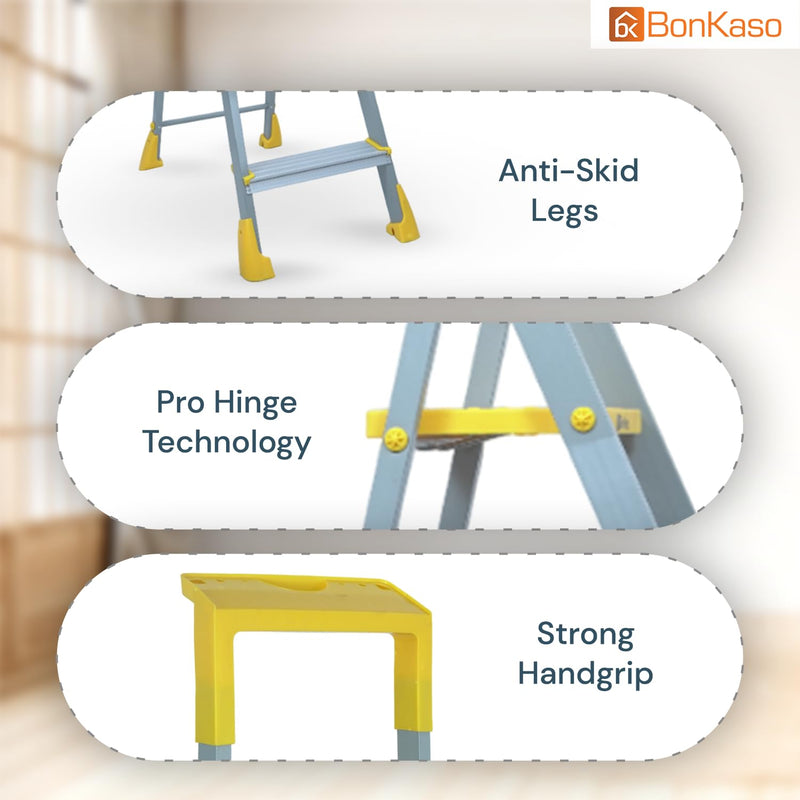 BonKaso Climb Lite Pro+ 6 Step - Foldable Ladder with Tool Tray (125W x 185H Cm)| Heavy-Duty, Anti-Slip & Firm Grip, Load Capacity Upto 120kg | Durable & Portable (Aluminium Steps, Yellow & Satin)
