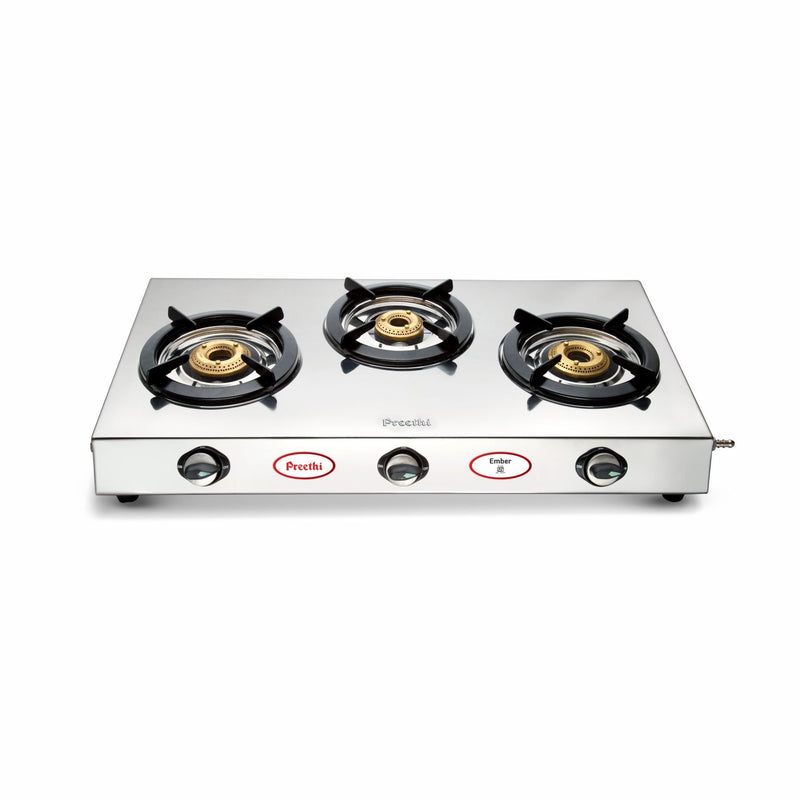 Preethi Stylo Steel 3 Burner Gas Stove |Curved & Sleek design| Heavy Brass Burner| Ant Guard Jet | Removable Drip Tray