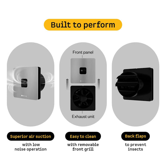 atomberg Studio+ Exhaust Fan 150mm (6 Inches) | BLDC Motor | 6.8W| Low Noise | 2000 RPM| Ideal for Bathroom& Kitchen | Easy to Clean | Installation-Round Cut (153mm) | 2 Year Warranty (Brushed Steel)