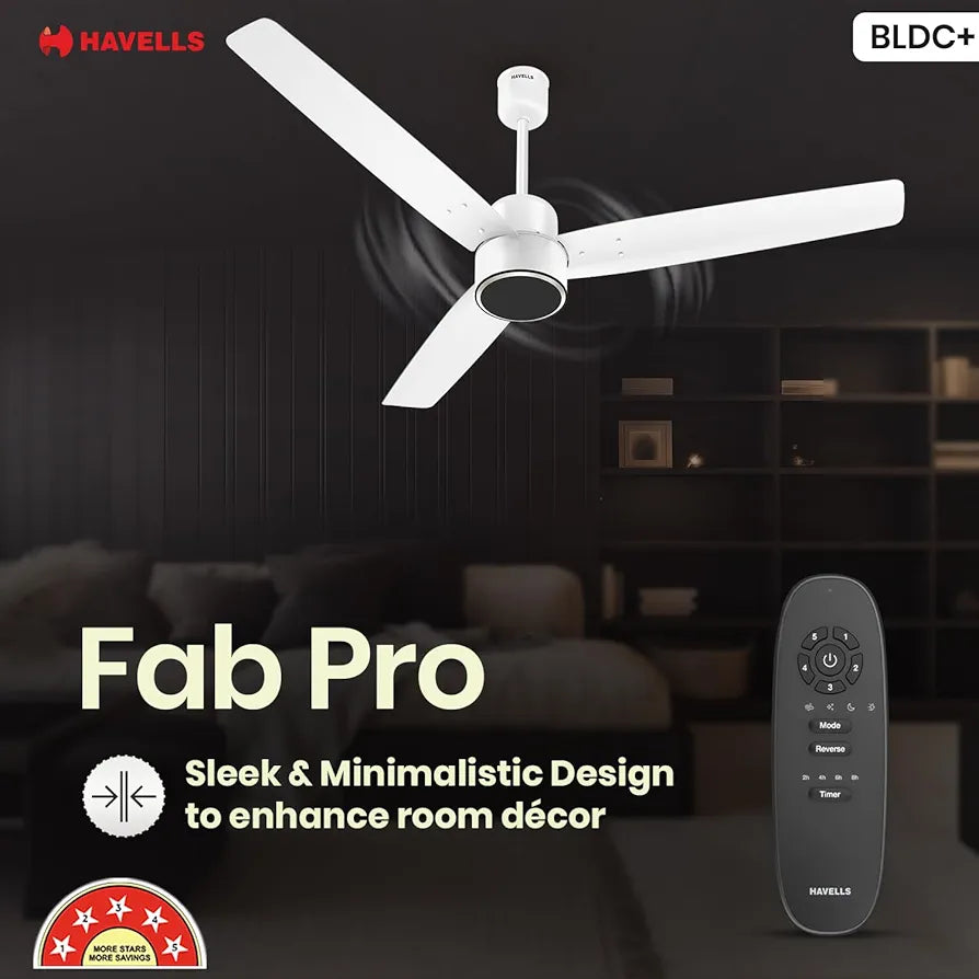 Havells FAB BLDC PRO Ceiling Fan 1200mm, 380 RPM, Savings upto 65%, Reverse Rotation, 4 Modes , Low Wattage 30W, Low Noise, Air Flow:225 CMM, 3 Year Warranty, Elegant White