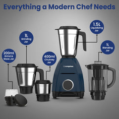 Crompton DX 750W Mixer Grinder with 5 Jars| 3 Stainless Steel Jars, 1 Blender Jar with Fruit Filter & 1 Grind & Store Jar | Powertron Motor | 2 Years Warranty