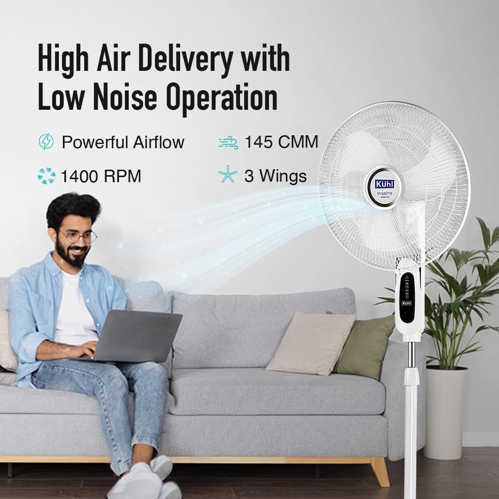 KUHL Inspira P2 High Speed BLDC Pedestal Fan With Remote | 450mm | 1400 RPM | 145 CMM High Air Delivery | 6 Speeds | Height,Tilt Adjustment | Oscillation,Timer | Low Noise | 2+5 Years warranty | White