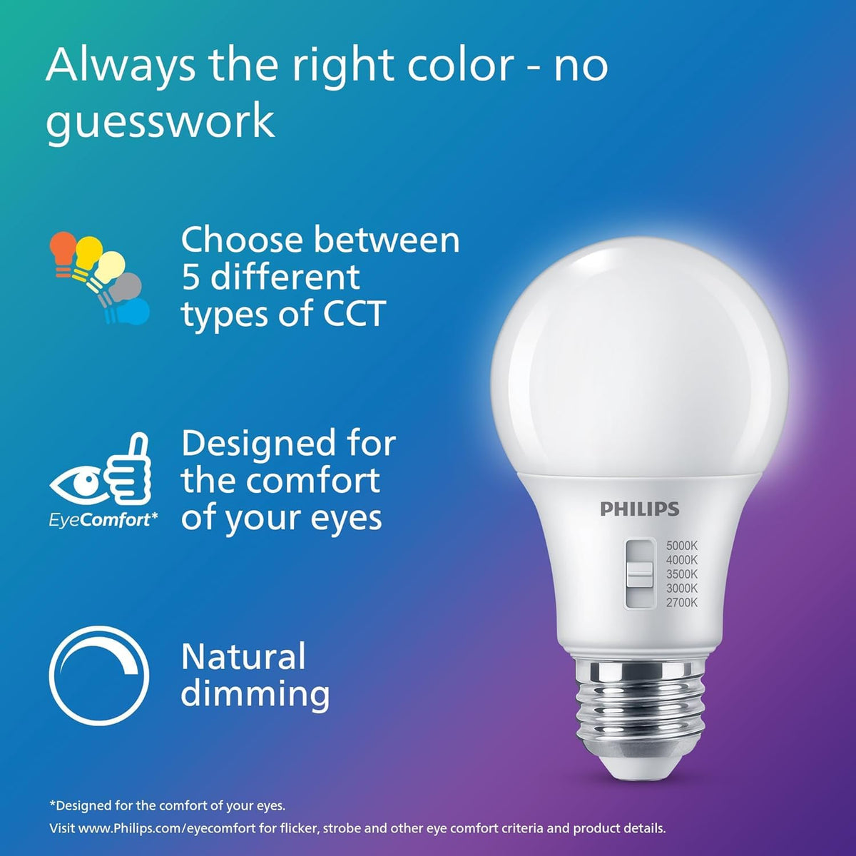 Philips LED A19 Selectable White Dimmable LED Bulbs - Flicker-free 60w Bulbs with EyeComfort Technology