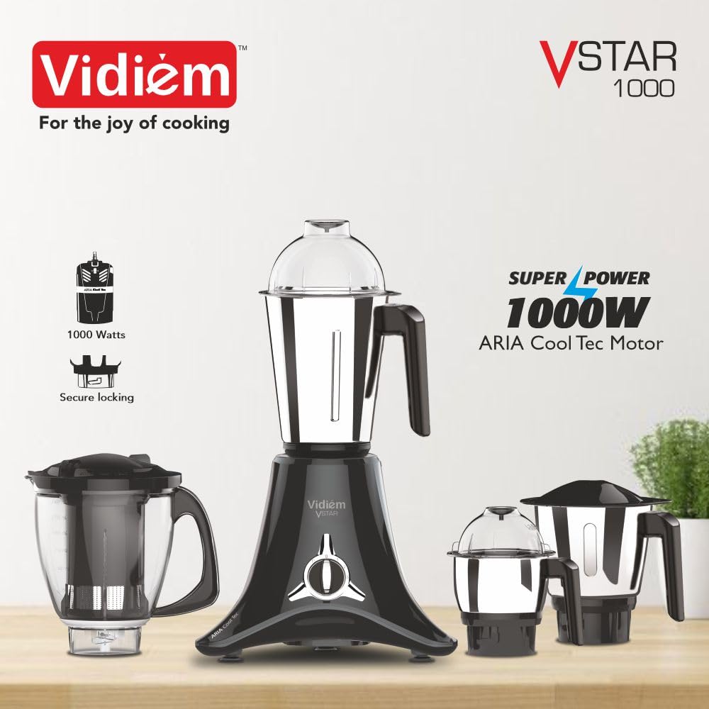 Vidiem Mixer Grinder 618 A VSTAR 1000 watt (Black) with 3 Leakproof Jars & 1 Juicer Mixer Grinder | self-lock for wet & 