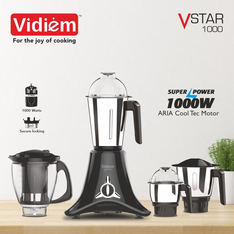 Vidiem Mixer Grinder 618 A VSTAR 1000 watt (Black) with 3 Leakproof Jars & 1 Juicer Mixer Grinder | self-lock for wet & 