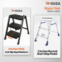 HOUZA Steel Ladder for Home 3 Steps Foldable with Anti-Skid Wide Steps (30cm x 20cm) | 3 Step Ladder for Home Use with D-Shape Rods | Secure Lock | 150 Kg Capacity Folding Ladder | 5 Year Warranty