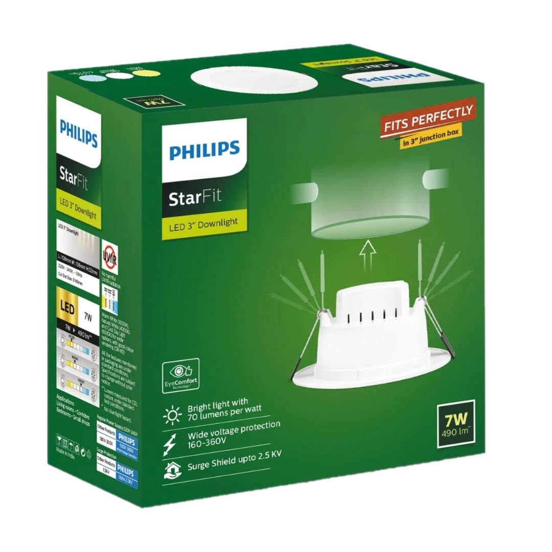 Philips Polycarbonate Starfit 7 watt Concealed JB LED downlighter for Ceiling with 3 inch Cut-Out (Cool Day (Pack of 2)