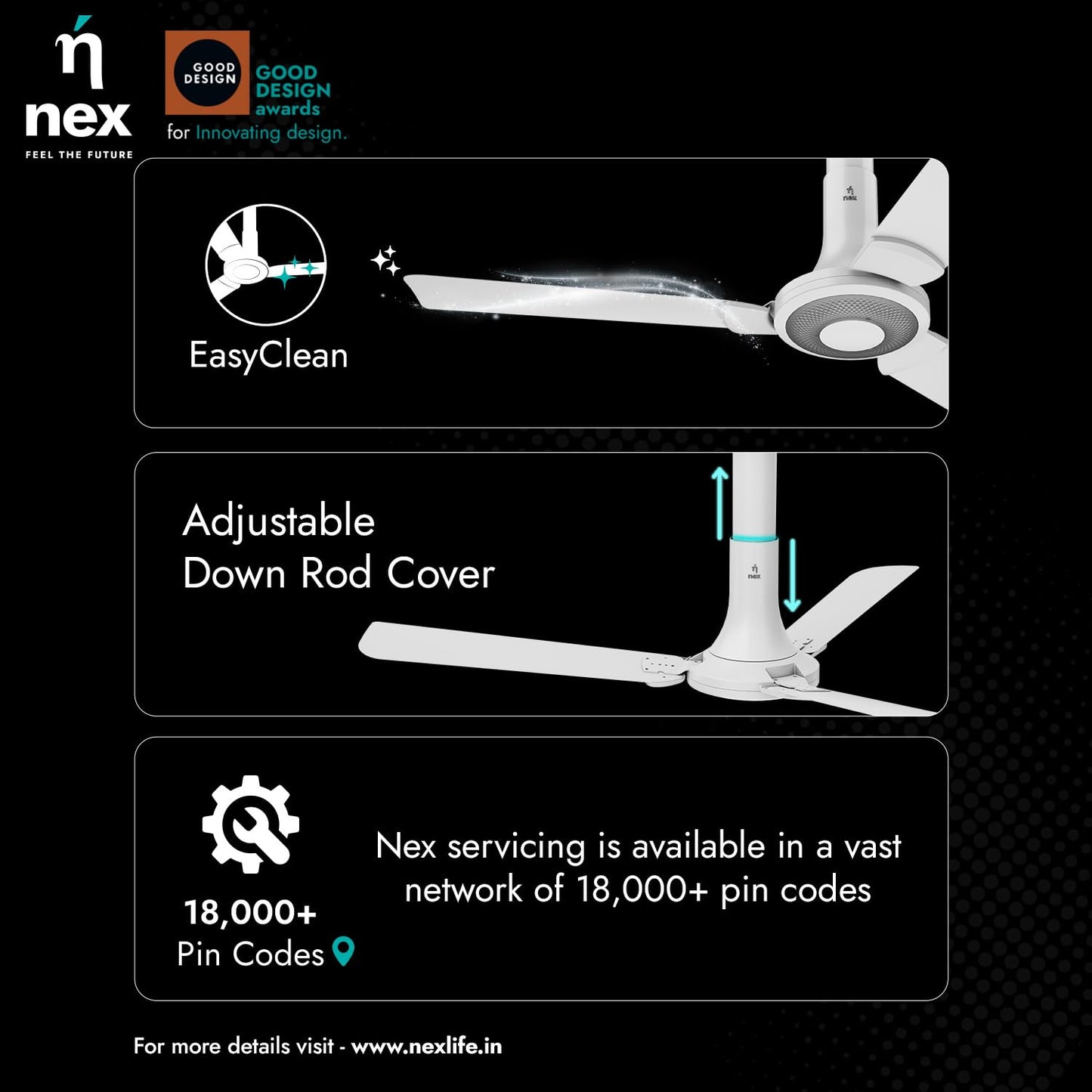 NNEX by BAJAJ Glyde A40 1200 MM | BEE 2 Star Rated Premium Ceiling Fan | 20% Higher Air Thrust* | Airfluence™ Al Blades | Adjustable Downrod | 2-Yr Warranty 【Snow White】